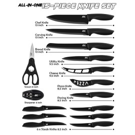 LDC Kitchen Black Knife Set - Stainless Steel, Dishwasher Safe Ergonomic Knives Set with Anti-Slip Handles - Ultra-Sharp Blades - Kitchen Essential Knives - 15 Piece Set