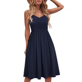YATHON Casual Dresses for Women Sleeveless Cotton Summer Beach Dress A Line Spaghetti Strap Sundresses with Pockets 2025 Vacation(M, YT090-Navy)
