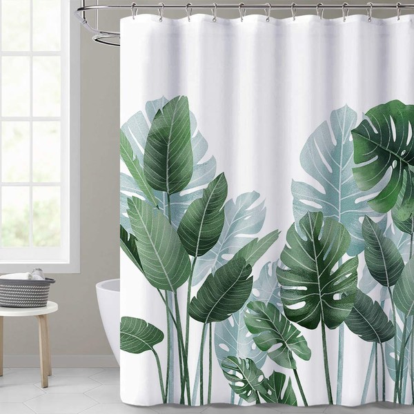 NICETOWN Plants Shower Curtain - Spring Palm Leaves Printed on White RV Shower Curtain, Botanical Bathroom Decorative Curtain Waterproof Rideau de Douche (One Panel, 72 x 72 inch, Banana Leaves)
