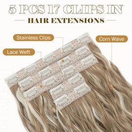 Hairro Clip In Hair Extensions 5PCS 17 Clips Sandy Blonde Hair Extensions With Bleach Blonde Highlights Synthetic Long Loose Wave Lace Weft Clip Ins Hairpiece For Women 24" 250g #16P613