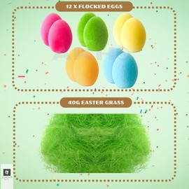 AKH® 12-Pack Flocked Easter Eggs with Green Grass Set | Foam Eggs for Crafts, Photo Props, Egg Hunts, Party Decor, Basket Fillers, Garden & Nest Decorations