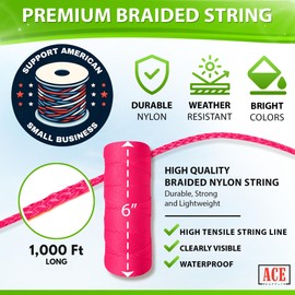 Pink Mason Line String Line - #18 Braided Nylon String - 6,000 Ft Length - Nylon Twine for Gardening Or Masonry Tools - Perfect Construction String for A String Level, Twine String for Gardening