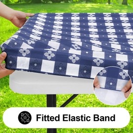 Spotjoy Rectangle Vinyl Table Cloth, Waterproof Elastic Fitted Tablecloth with Flannel Backing, Plastic Table Cover for Picnic, Camping, Outdoor (White & Navy, 30"x60")