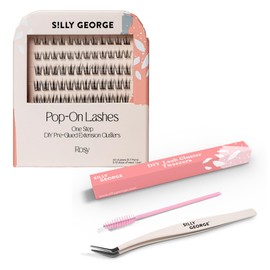 Silly George Silly George Easy Application Bundle - 60 Pre-Glued Pop-On Lash Clusters, Black Style Rosy + Precision Tweezers & Spoolie for a Natural Finish