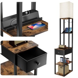 addlon Floor lamp with 2 USB, 1 Outlet and Drawer, 3 Color Temperatures LED Bulb (9W), Sofa lamp with White lampshade, Display Floor lamp with Shelves for Living Room, Bedroom and Office - Brown