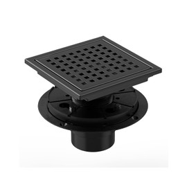 Matte Black Shower Drain 6 Inch with Flange CUPC Certified- Made of 304 Stainless Steel, Square Drain Includes Removable Cover Grid Grate, Hair Strainer,Thread Adapter