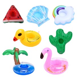 7 Floating Drink Holders with Summer Motif, Watermelon, Shell, Cloud, Flamingo, Duck, Coconut Tree, Cactus, Accessories for Pool Party