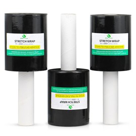BOMEI PACK3 Roll Industrial Black Mini Stretch Wrap Roll with Handle 5" x 1000Feet 80 Gauge, Heavy Duty Durable Self-Adhering Plastic Wrap for Packing, Moving