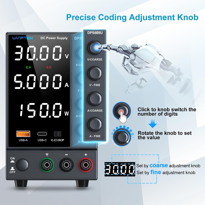 DC Power Supply 0-60V 0-5A, Bench Power Supply with Encoder