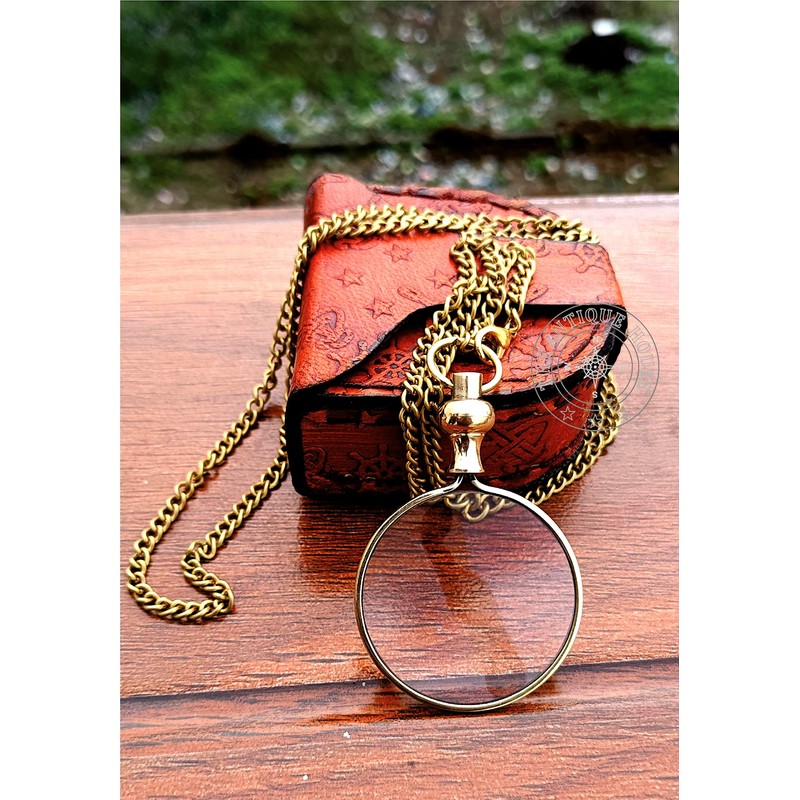 Brass Magnifying Glass, Optical Magnifier Lens with Chain Monocle for