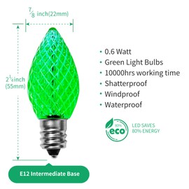 Meconard C7 Led Replacement Christmas Light Bulbs, C7 Shatterproof Led Bulbs for Christmas Indoor Outdoor String Lights, E12 Candelabra Base, Commercial Grade Holiday Light Bulbs, Green, 25 Pack