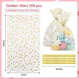 LEOSINDA 100Pcs Cellophane Bags, Clear Gift Bag Cellophane Treat Bags 6 X 10 Inches 100 Twist Ties for Gift Wrapping,Packaging Candies,Dessert,Bakery, Cookies, Chocolate,Party Favor, Gold Star Printed