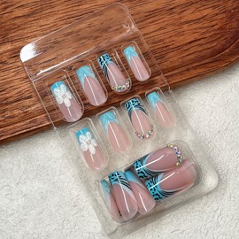 FNKFNK Blue French Tip Press on Nails Medium Square Fake Nails with Rhinestones Designs Glossy 3D Flower False Nails Kit Reusable Summer Artificial Nails for Women Manicure 24Pcs