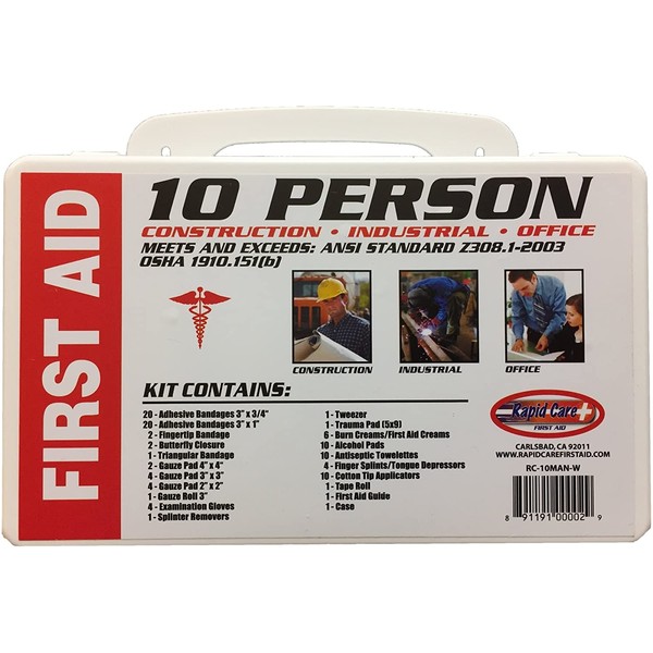 Rapid Care First Aid RC-10MAN-W 10 person 106 Piece ANSI/OSHA Compliant First Aid Kit in Wall Mountable Poly Case