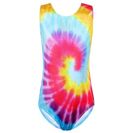 XFGIRLS - Leotardos de gimnasia para niñas con purpurina y pantalones cortos a juego, Azul (Blue Tie Dye), 10-11 Años