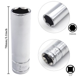 Juttzzei 6-Point Deep Socket, 1/2 Inch Drive 16mm Socket, Full Polishing CR-V Steel 16mm Socket 1/2 Drive with 78mm Length 6-Point Metric Sizes foe Car Home Repair Mechanical Maintenance - Silver