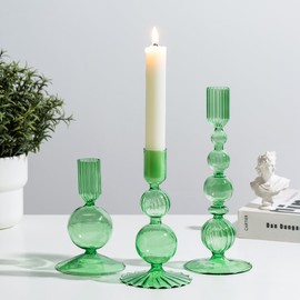 Glasseam Green Glass Candle Holder: Set of 3 Candle Stick Holders for Taper Candlesticks Modern Candle Holders for Candlesticks Unique Tapered Candlestick Holders for Table Centerpiece Home Decor Gift