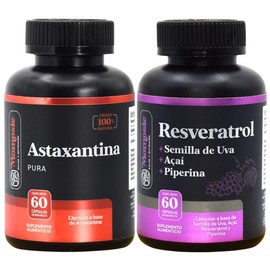 Kit Resveratrol + Semilla de Uva + Astaxantina 60 Cáps c/u | Suplemento Natural Antioxidante | 2 Frascos | Cápsulas Vegetales Sin Sabor | Sin Aditivos | Apoyo Celular Diario