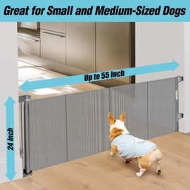 24 Inches Tall Retractable Baby gate for Dogs, Short Pet Gates to Step Over, Extends up to 55" Wide, Reinforced Mesh Doggie Gates for Indoors Outdoors Small Dog Gate for Stairs Puppy Gate (Grey)