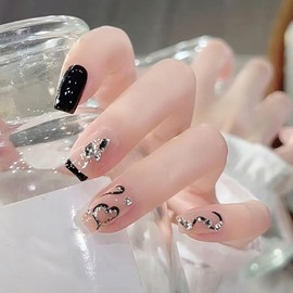 EYZOTSF Press on Nails Short Square Shaped Glossy Full Cover Acrylic Square Short Length Black French False Nails with Heart Designs Artificial Extra Short Fake Nails Glue ons Fingernails for Women