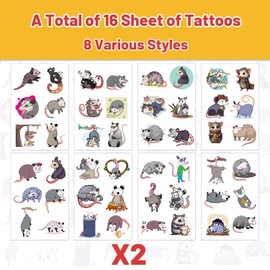 16 Sheets Possum Temporary Tattoos, Fun Opossum Stickers for Kids, Party Favors, Birthday Decorations, Classroom Rewards