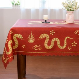 Chinese New Year Tablecloth 60 × 120 Inch Rectangular, 2025 Zodiac Snake Chinese New Year Decorations for Home Happy Lunar New Year Table Cover Scallop Edge Table Cloth