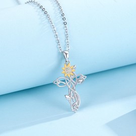 Silikepa Sunflower Necklace for Women 925 Sterling Silver Sunflower Cross Pendant Necklace You Are My Sunshine Necklace Cross Necklace Sunflower Jewelry Gift for Women