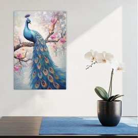 Peacock Wall Art Abstract Elegant Animal Canvas Print Peacock on Blossom Branch Painting Framed Artwork Home Decoration Ready To Hang(Artwork-4,12"x18")