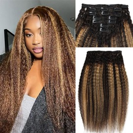 Boyusijf Hair Extensions Kinky Straight Clip ins Hair Extensions 100% Real Human Hair 7Pcs 100g Seamless Clip in Hair Extensions TP1B/27 12 Inch for Black Women