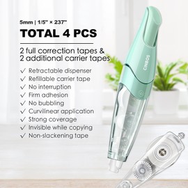 CINBOS Refillable Retractable White Correction Tape, 4 PCS (CS-25) with 2 Extra Refills