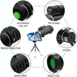 Monocular Telescope 16x52 High-Power Monocular Telescope with Smartphone Tripod, Portable Bag - Ideal for Bird Watching, Hunting, Hiking, Camping - Large Vision