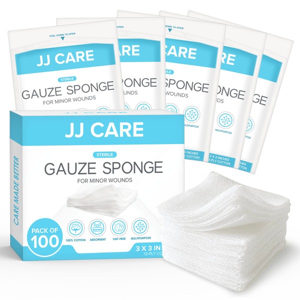 JJ CARE Sterile Gauze Pads 3" x 3" (Pack of 100), 12-Ply Cotton Gauze Pads, Individually-Wrapped Sterile Gauze Sponges, 100% Woven, Non-Stick Medical Gauze Pads for First Aid Kit & Wound Care