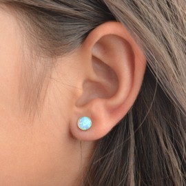 Opal Earrings - 6mm Stud Earrings - Minimalist Opal Stud Fashion Earrings for Women (Gold - Light Blue Round Opal)