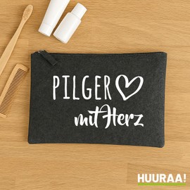 Huuraa Kulturbeutel Pilger mit Herz Geschenk 1 Liter Charcoal Filz Pilger Geschenkidee