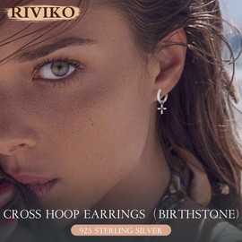RIVIKO 925 Sterling Silver Drop Dangle Huggie Hoop Cross Earrings for Women Dainty Jan Birthstone Earrings Trendy Christmas Jewelry Birthday Gift for Women Her Wife Friends