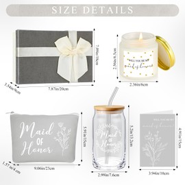 Inbagi Maid of Honor Gifts Box Set of 5 Includes Glass Cup with Lid and Straw Makeup Bag Sage Scented Candle Wedding Invitation Cards Proposal Gifts for Bridal Party Favors (Gray)