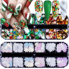 2 Box Christmas Nail Art Glitters Snowflake Nail Sequins Xmas Nail Glitter 3D Mixed Snowflake Tree Star Circle Nail Sparkly Flakes Design for Women DIY Acrylic Manicure Holiday Nail Art Decoration