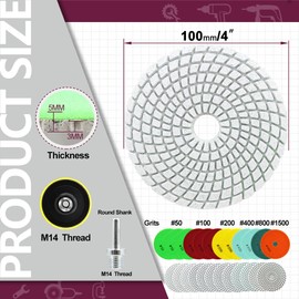 QUEFORET Diamond Polishing Pads Set 14 Pieces - 12 Pieces 100 mm Wet Polishing Wheels (Grit 50/100 x 3, 200/400 x 2, 800/1500), 1 Piece Polishing Plate, 1 Piece Adapter for Granite Marble Quartz