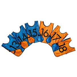 LVL10 Pro Sports Pinnies - Reversible Numbered Pinnies with Premium Fabric, Comfortable Fit and Fade-Resistant Print - Adults Kids (Large, 6 Pack (13-18), Blue/Orange)