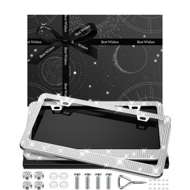AUJEN Bling License Plate Frame for Women, Stainless Steel Cute Car Accessories, Lasting Sparkly License Plate Holder with Diamond Rhinestone Crystals, 2 Pack Gift Box Set, White, 12.2" x 6.2"