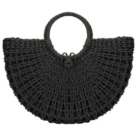 Straw Bags for Women,Hand-woven Straw Top-handle Bag with Round Ring Handle Summer Beach Rattan Tote Handbag (Black)