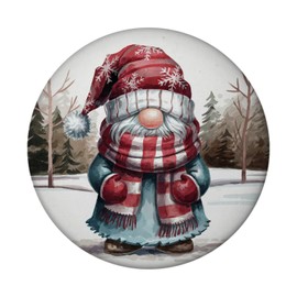 Gnome with Red Scarf Magnet - Decorative Magnet Round Watercolour Drawing Red and White Hat Snowflakes in Snowy Backdrop