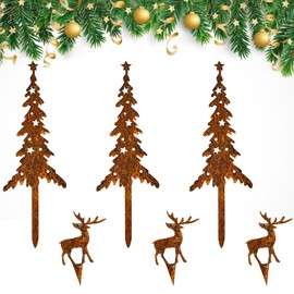 LPAMABA Set of 6 Rust Christmas Tree with Garden Stake - Deer Decorative Christmas Tree Lilienburg Reindeer Christmas Decoration Elk and Fir for Inserting Made of Patina Tree Stake Rust Stake Garden