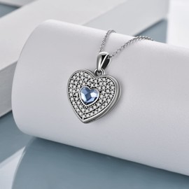 URONE Sterling Silver Heart Photo Locket Vintage Pendant for Women Picture Locket Jewellery with Crystal from Austria Gifts for Women Girls, Sterling Silver, Crystal