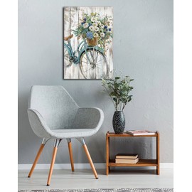 LAIART Farmhouse bathroom wall decor canvas art blue Retro bike picture print flower artwork for bedroom dining living room(16"x24")