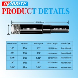 8 Pack Diamond Drill Bits Set for Granite Ceramic Marble Tile Stone Glass Hard Materials, Integrated Coolant for Fast Dry Drilling, Size 3/16 1/4 5/16 3/8 1/2 inch Masonry Core Drill Bits, Round Shank