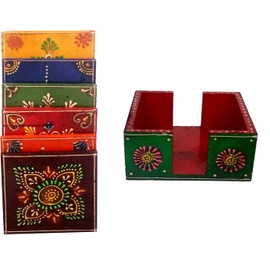 Purpledip Wooden Coasters 'Flora Fountain': Handpainted Set Of 6 Hot Pad Mat For Kitchen, Dining Or Bar (10260A)