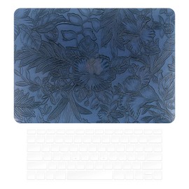 Miloocul Compatible with 2018/2020 MacBook Air 13 A1932/A2179/A2337 Relief Leaves Floral Leather Hard Shell Case with Keyboard Cover (Deep Blue, 2018/2020 MacBook Air 13 A1932/A2179/A2337)