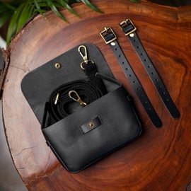 Trip Machine Company Genuine Leather Motorcycle Front Handlebar Leather Bag Moto Backrail Sidekick Pouch Shoulder Fanny Pack (Black)