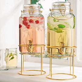 Elegant Home Set of Two (2) Quality Clear Glass Each (1) Gallon Each Glass Bail & Trigger Locking Lid Beverage Dispenser with Spout on Gold Metal Stand.